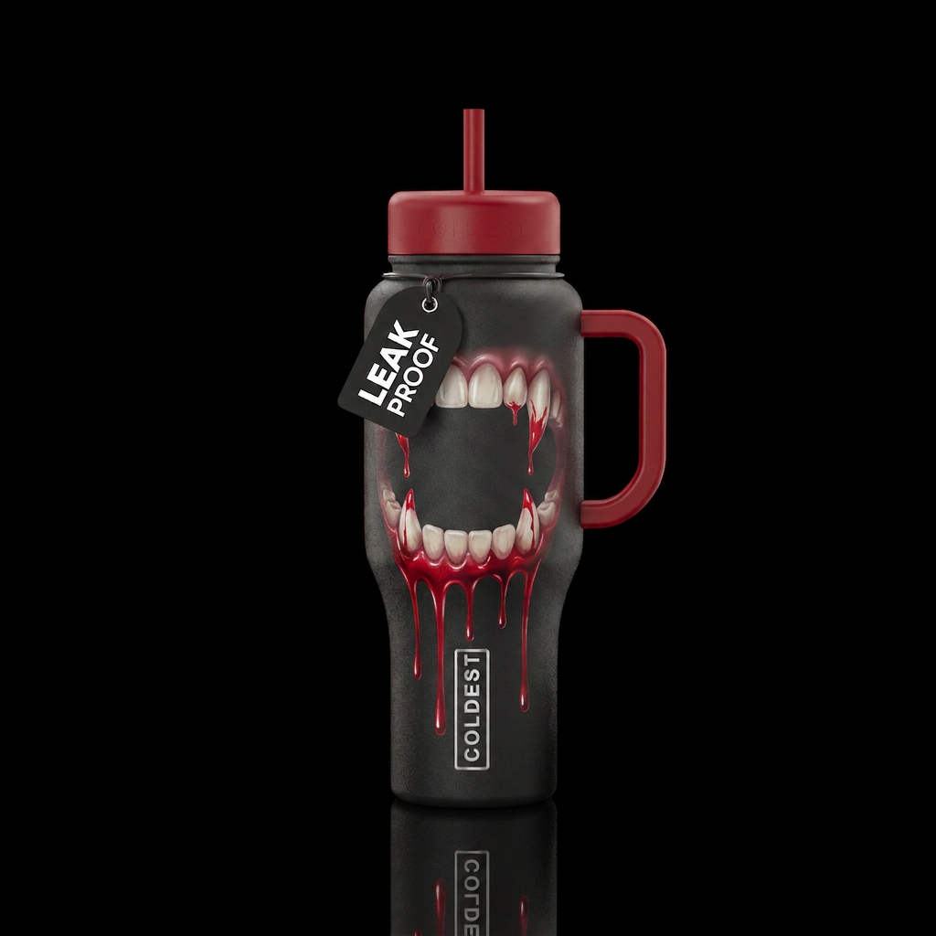 Vampire fangs with blood dripping water bottle design