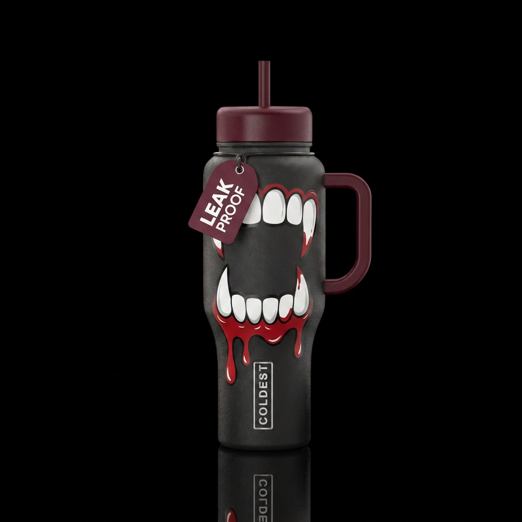 Vampire fangs with blood dripping cartoon style water bottle design