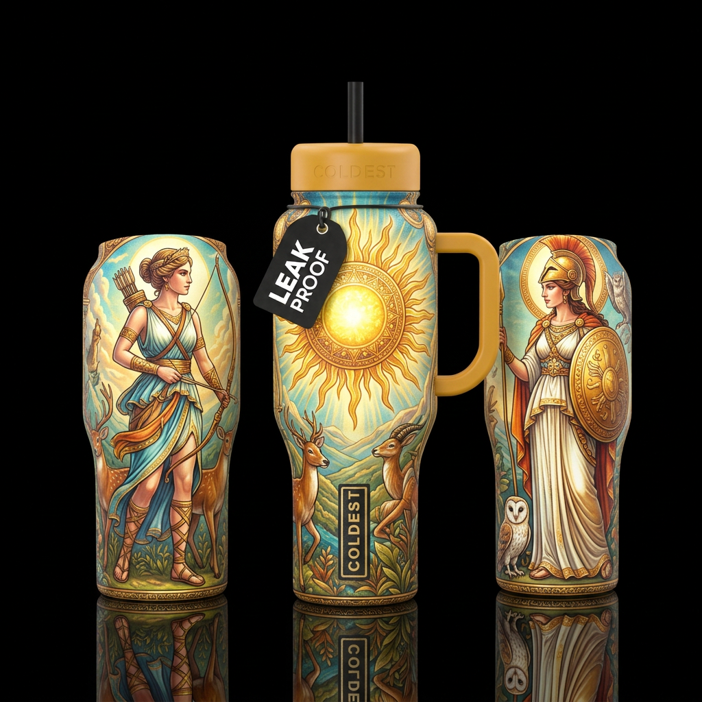 Greek goddess, golden sun water bottle design