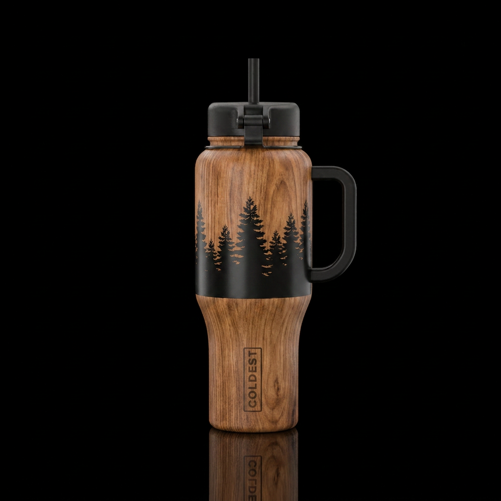 Wood grain bottle background with blacked out tree... water bottle design