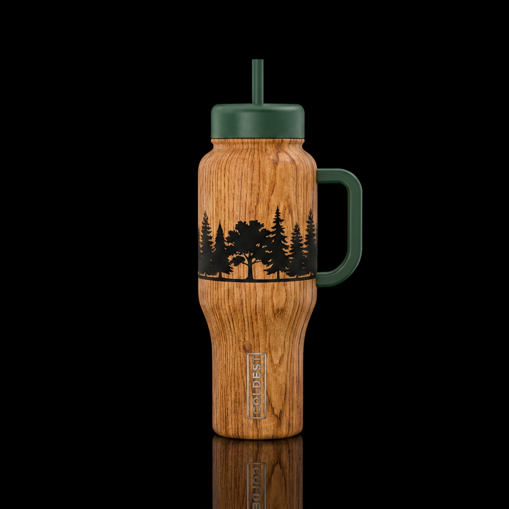 Wood grain bottle background with blacked out tree... water bottle design
