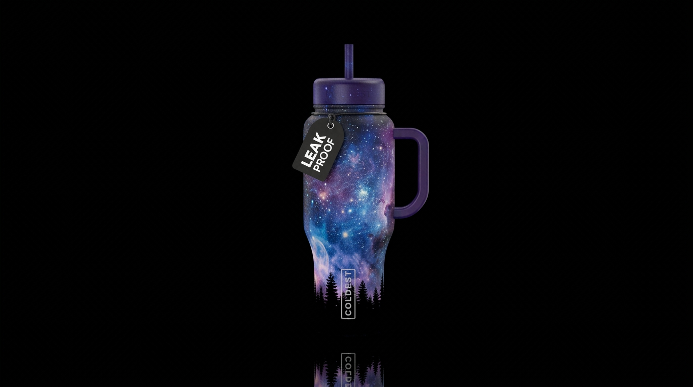 Galaxy skies, blacked out forest treeline on botto... water bottle design