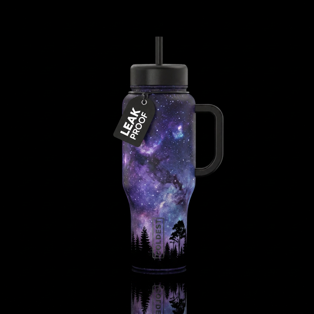Galaxy skies, blacked out forest treeline on botto... water bottle design