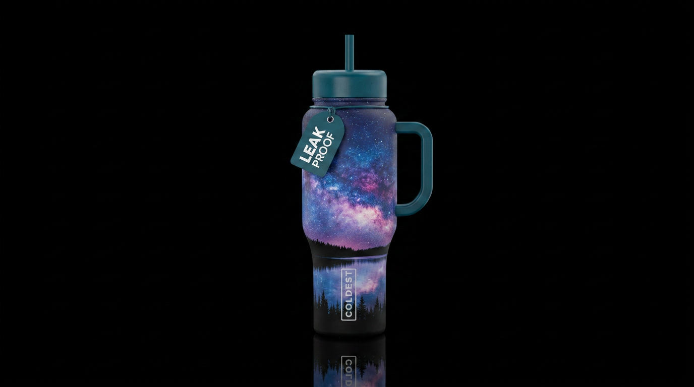 Galaxy skies, blacked out forest treeline on botto... water bottle design