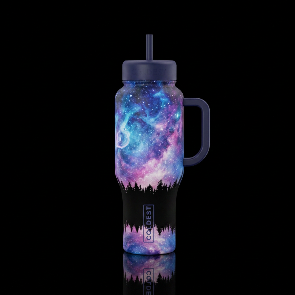 Galaxy skies, blacked out forest treeline on botto... water bottle design