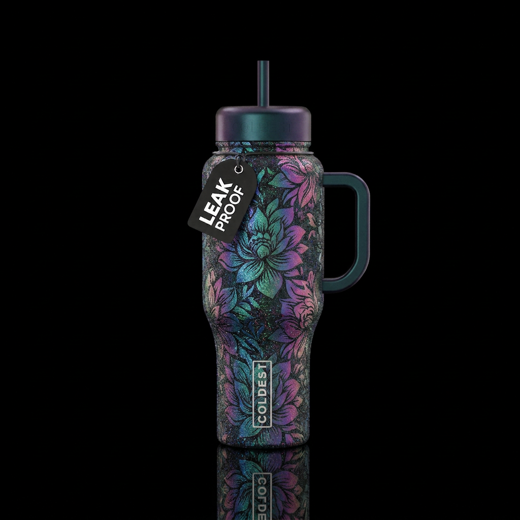 Black chameleon glitter floral water bottle design