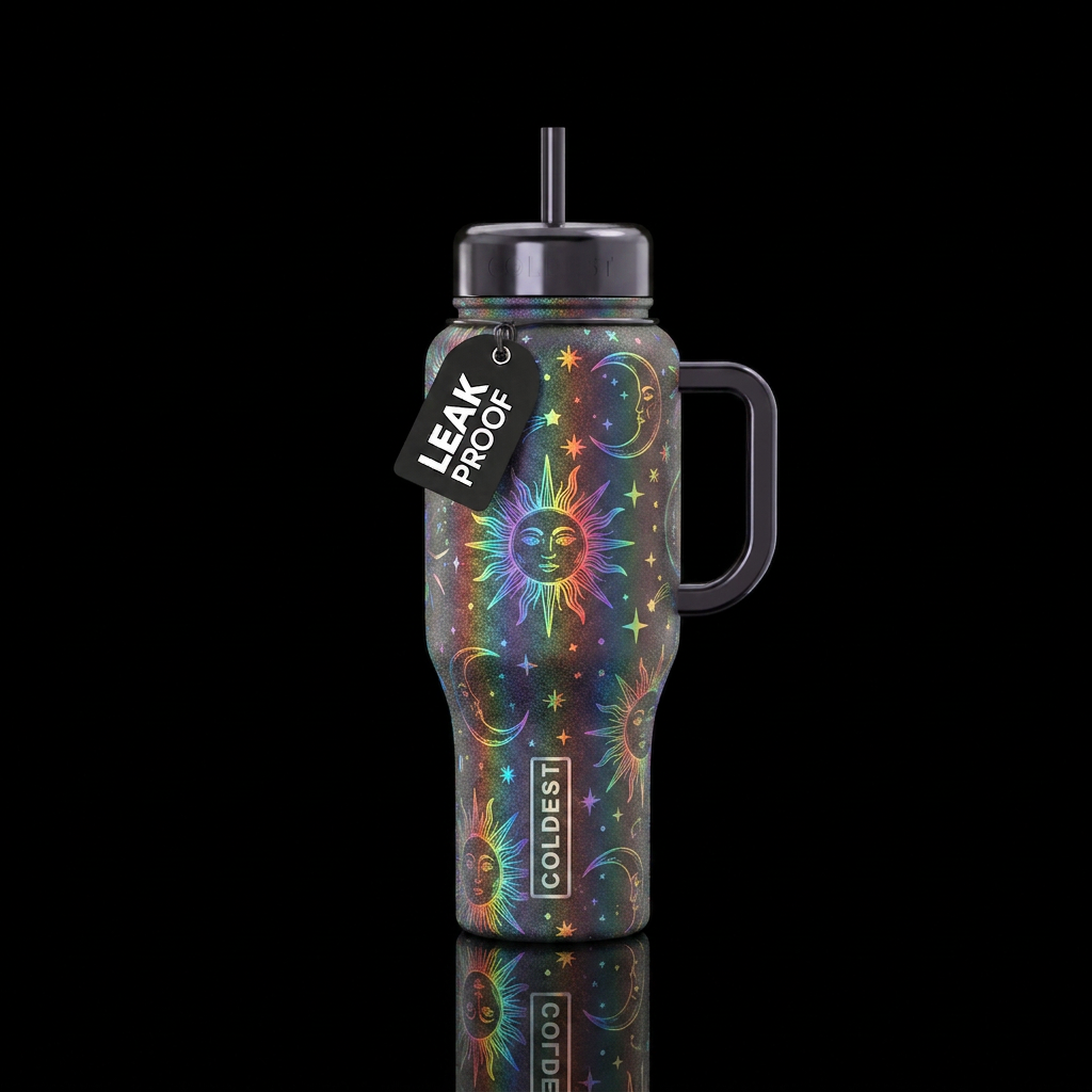 The sun, the moon and the stars all iridescent rai... water bottle design