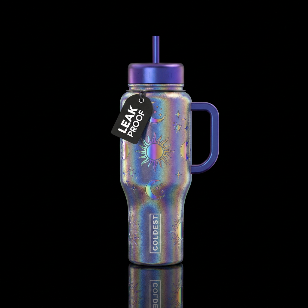 The sun, the moon and the stars all iridescent rai... water bottle design
