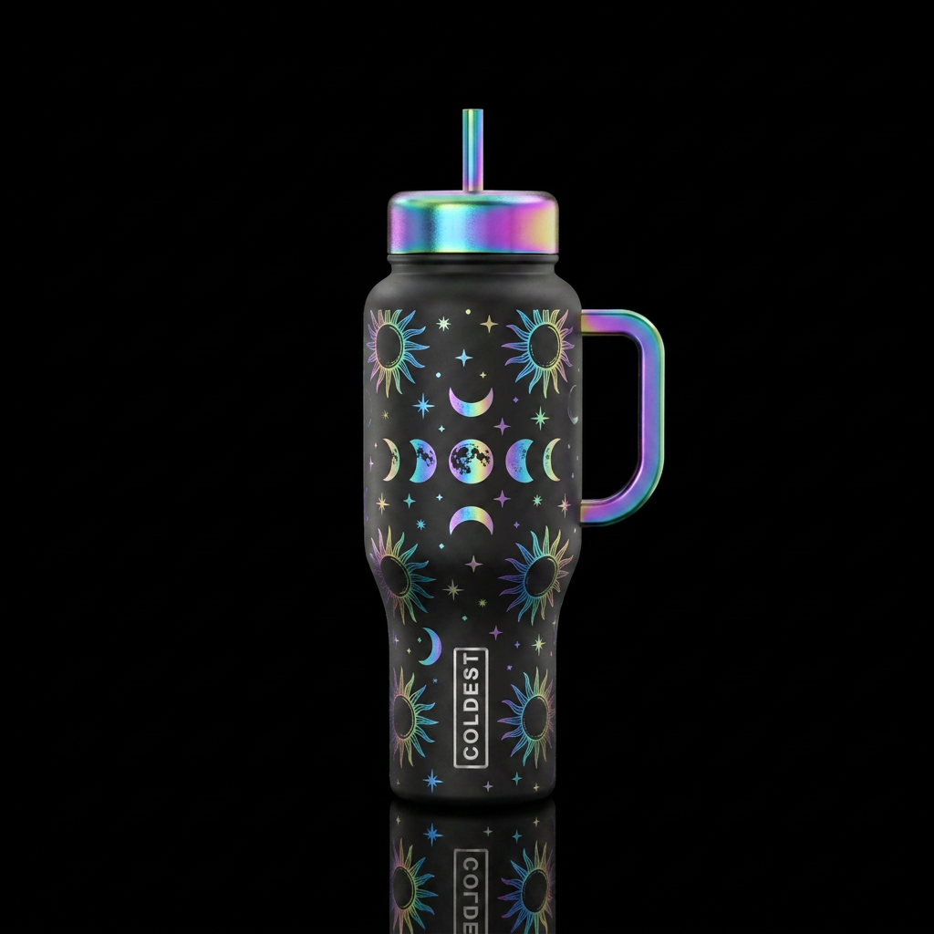 The sun, the moon and the stars all iridescent rai... water bottle design
