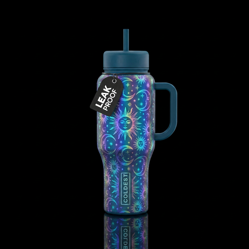 The sun, the moon and the stars all iridescent rai... water bottle design
