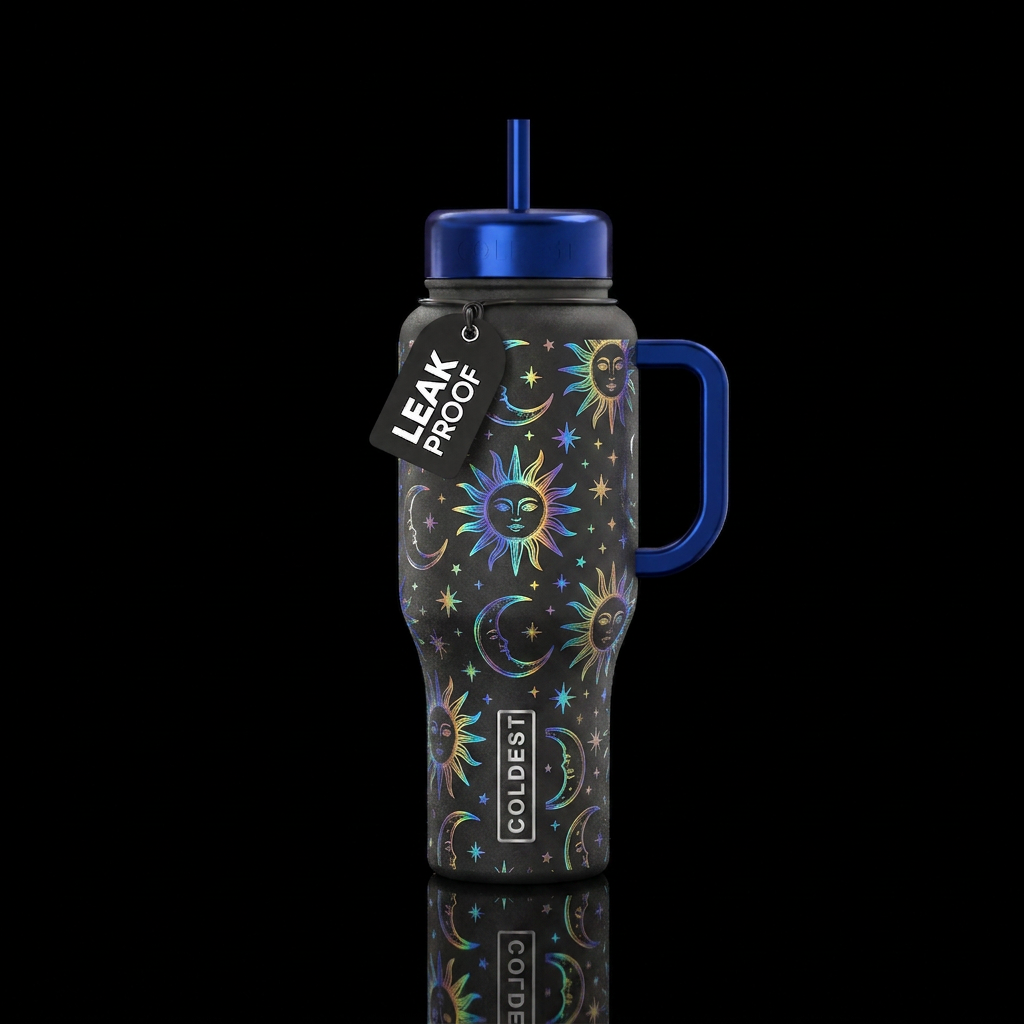 The sun, the moon and the stars all iridescent rai... water bottle design