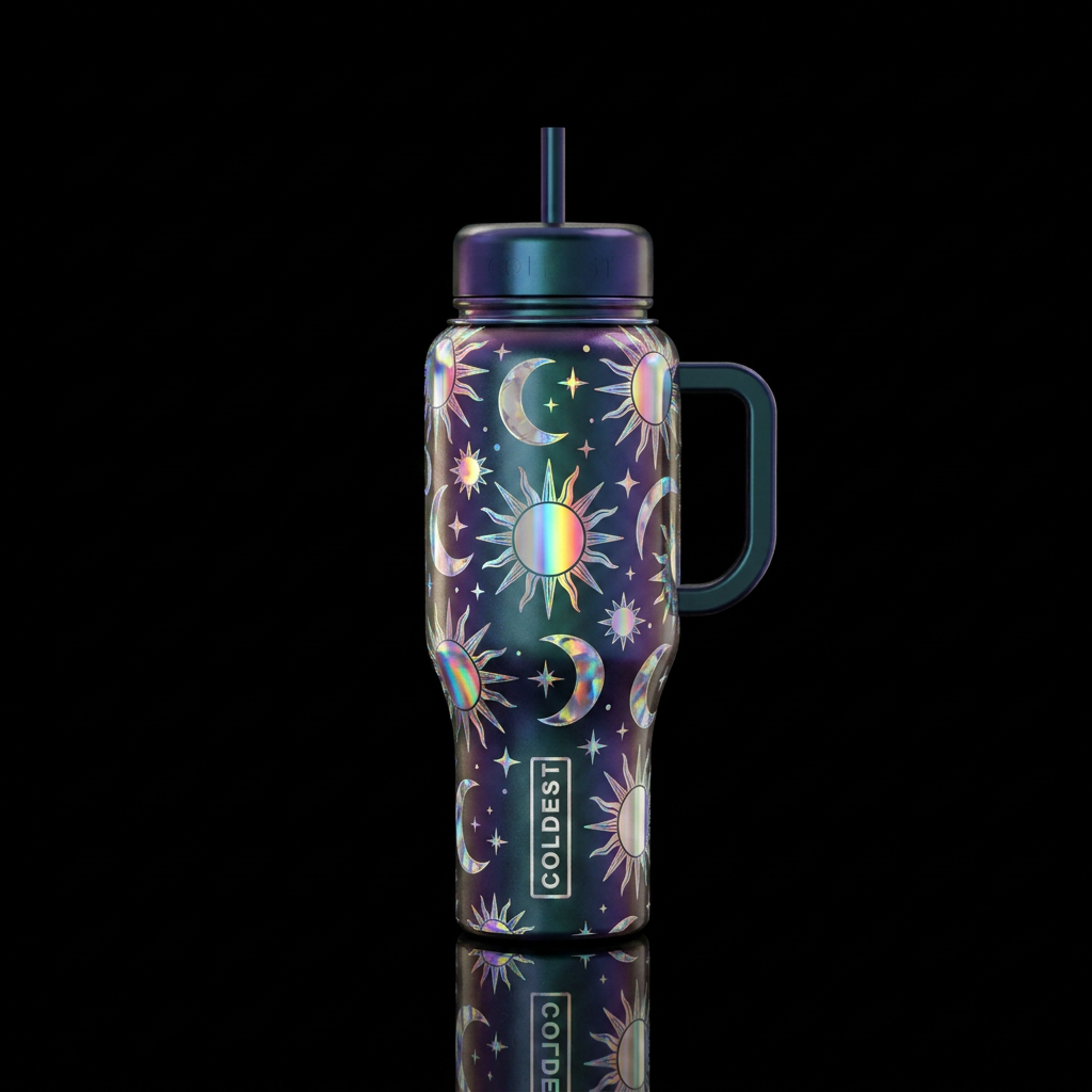 The sun, the moon and the stars all iridescent rai... water bottle design