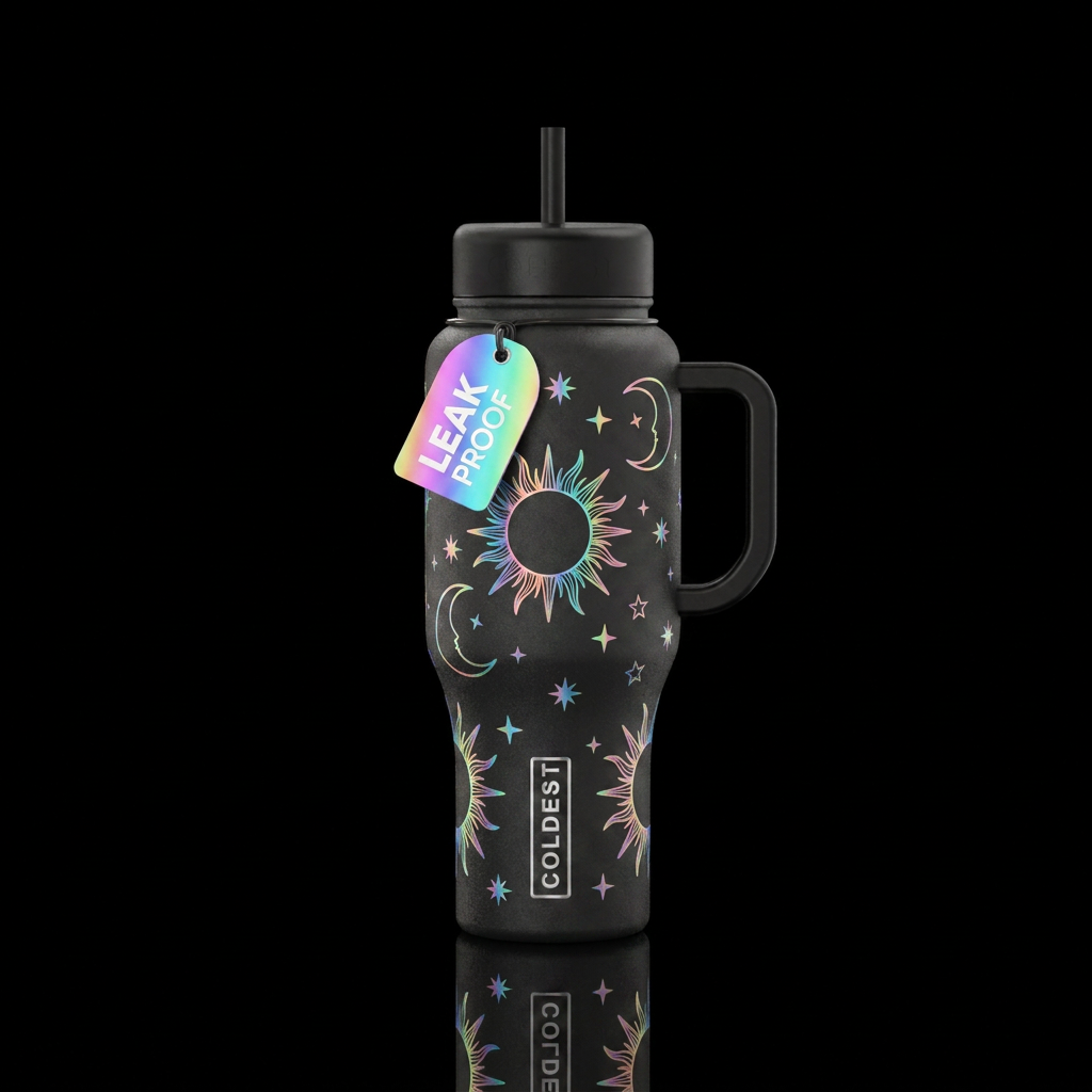 The sun, the moon and the stars all iridescent rai... water bottle design