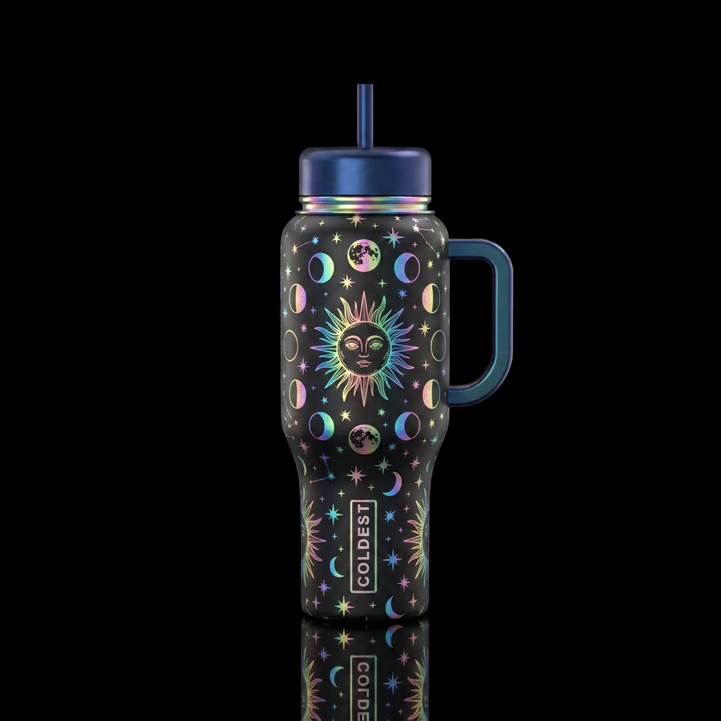 The sun, the moon and the stars all iridescent rai... water bottle design