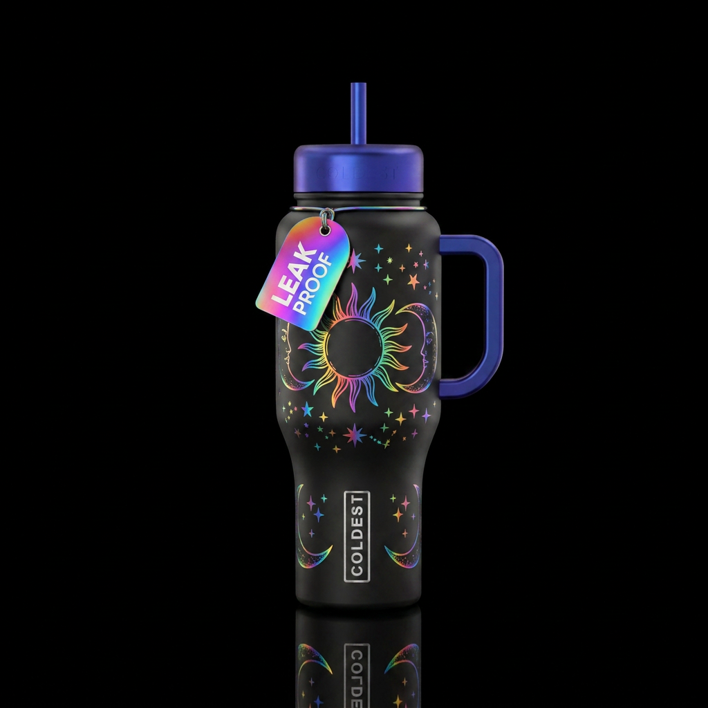 The sun, the moon and the stars all iridescent rai... water bottle design