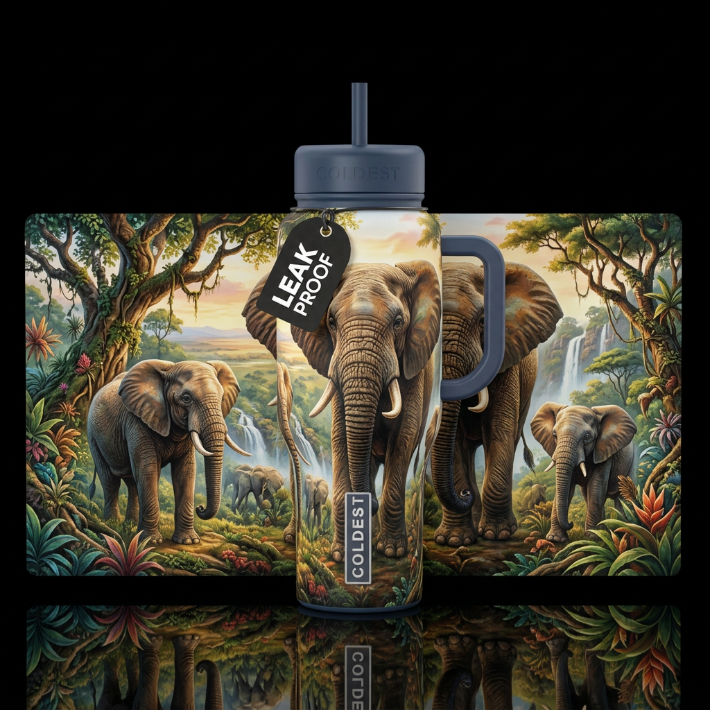 Wise elephant full design all around bottle. Natur... water bottle design