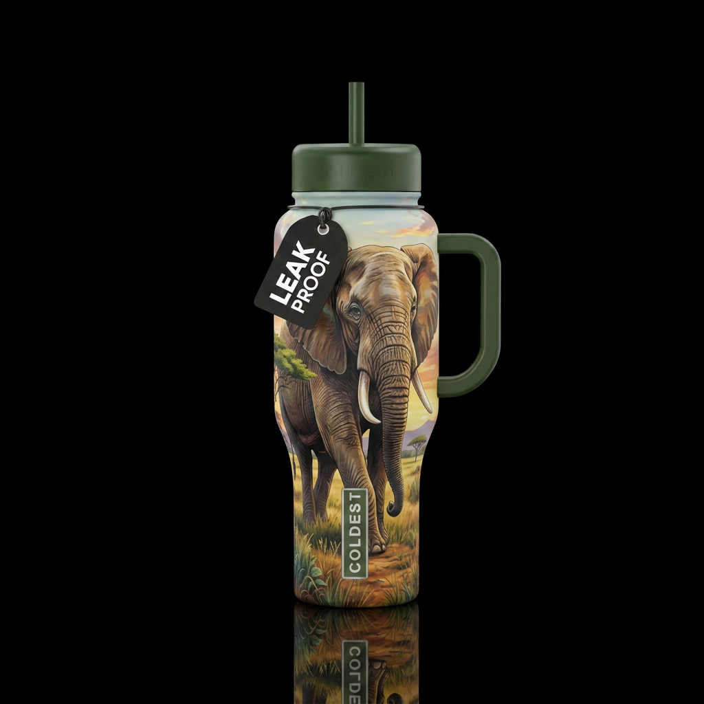Wise elephant full design all around bottle. Natur... water bottle design