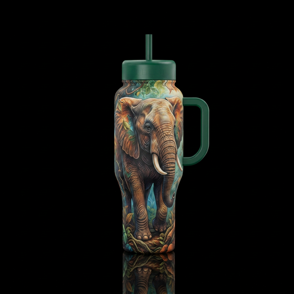 Wise elephant full design all around bottle. Natur... water bottle design