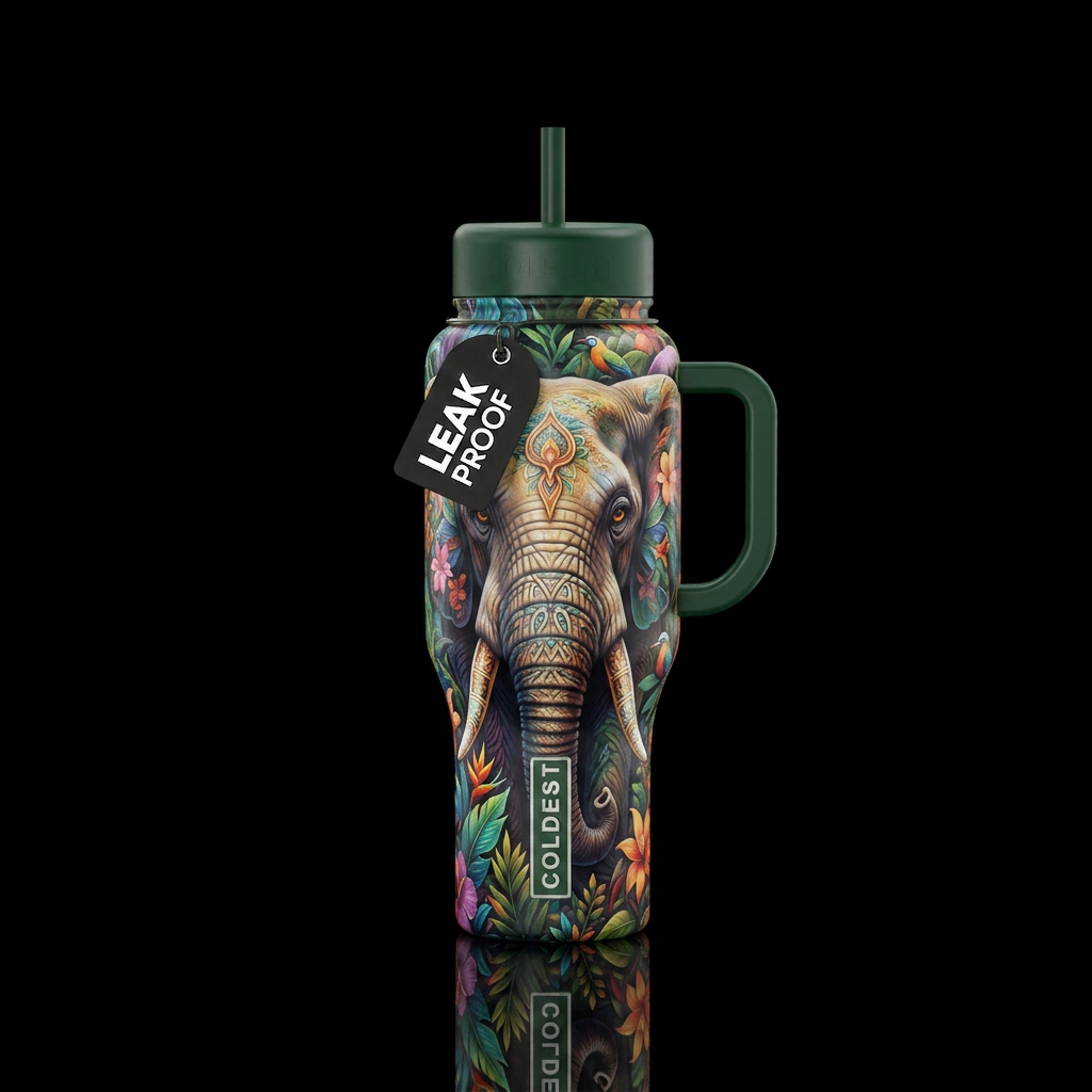 Wise elephant full design all around bottle. Natur... water bottle design