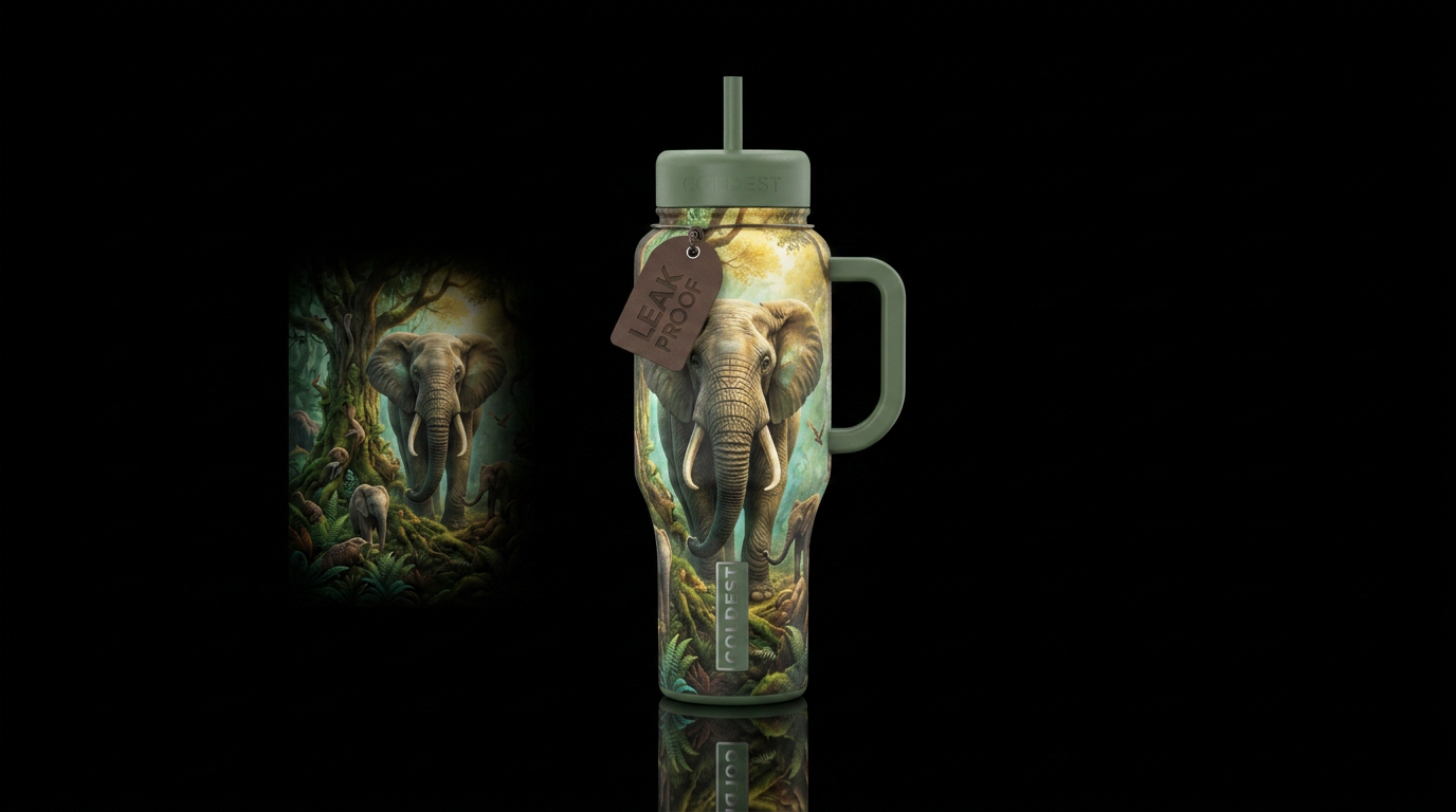 Wise elephant full design all around bottle. Natur... water bottle design