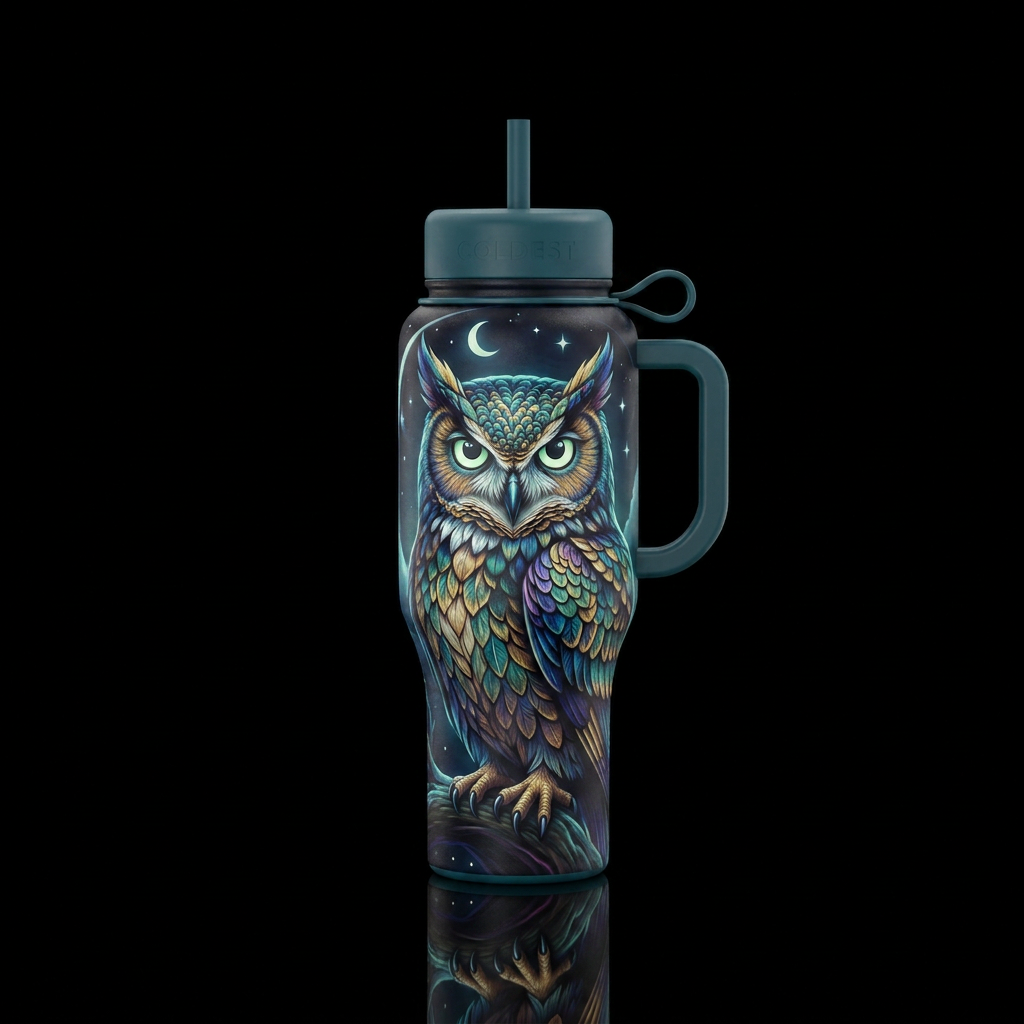 Beautiful owl with glow in the dark eyes water bottle design