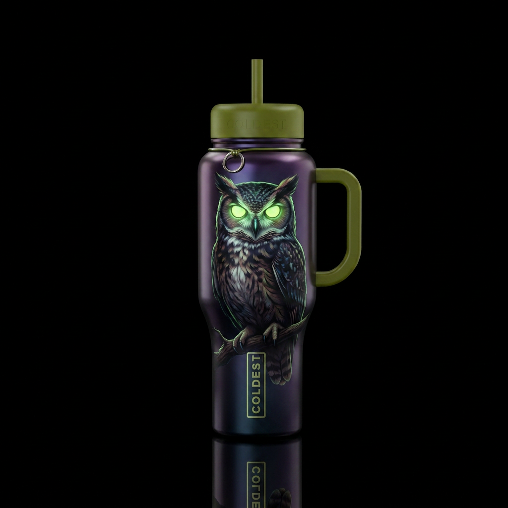 Beautiful owl with glow in the dark eyes water bottle design