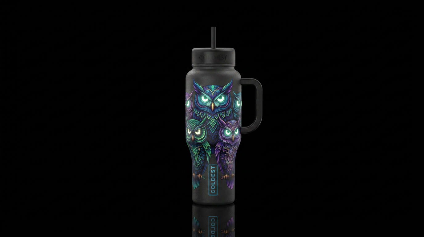 Beautiful owl with glow in the dark eyes. Multiple water bottle design