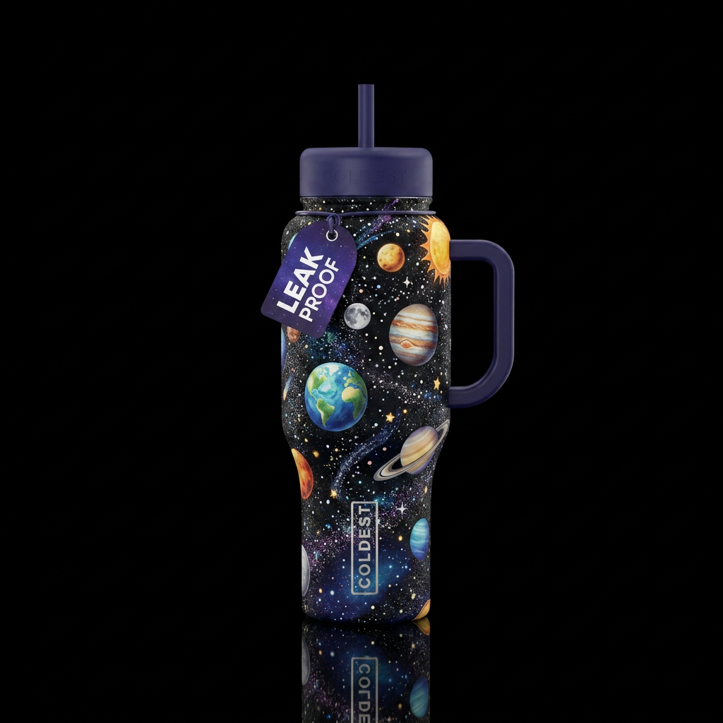 Planets, glitter space, stars, sun, moons water bottle design