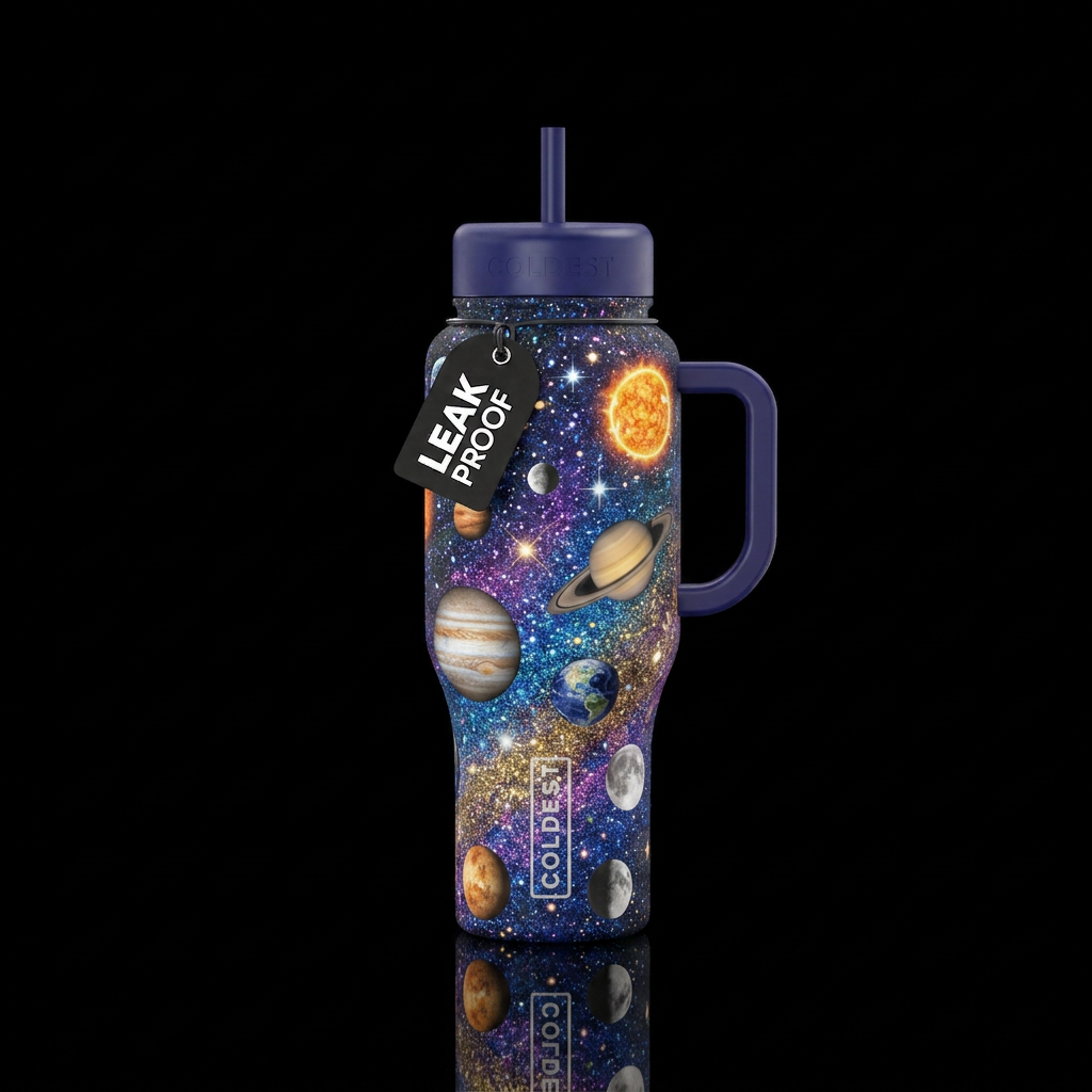Planets, glitter space, stars, sun, moons water bottle design