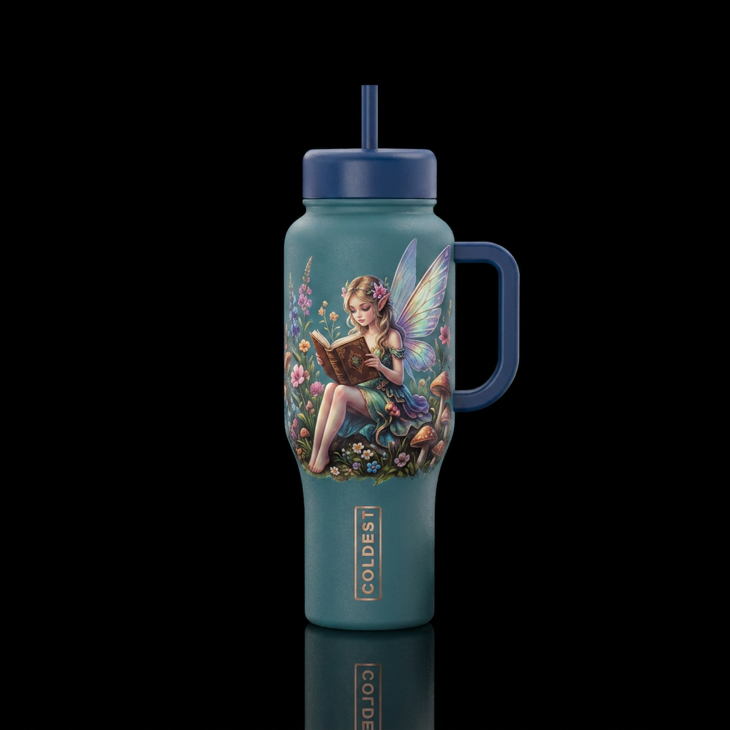 Fairy reading book water bottle design
