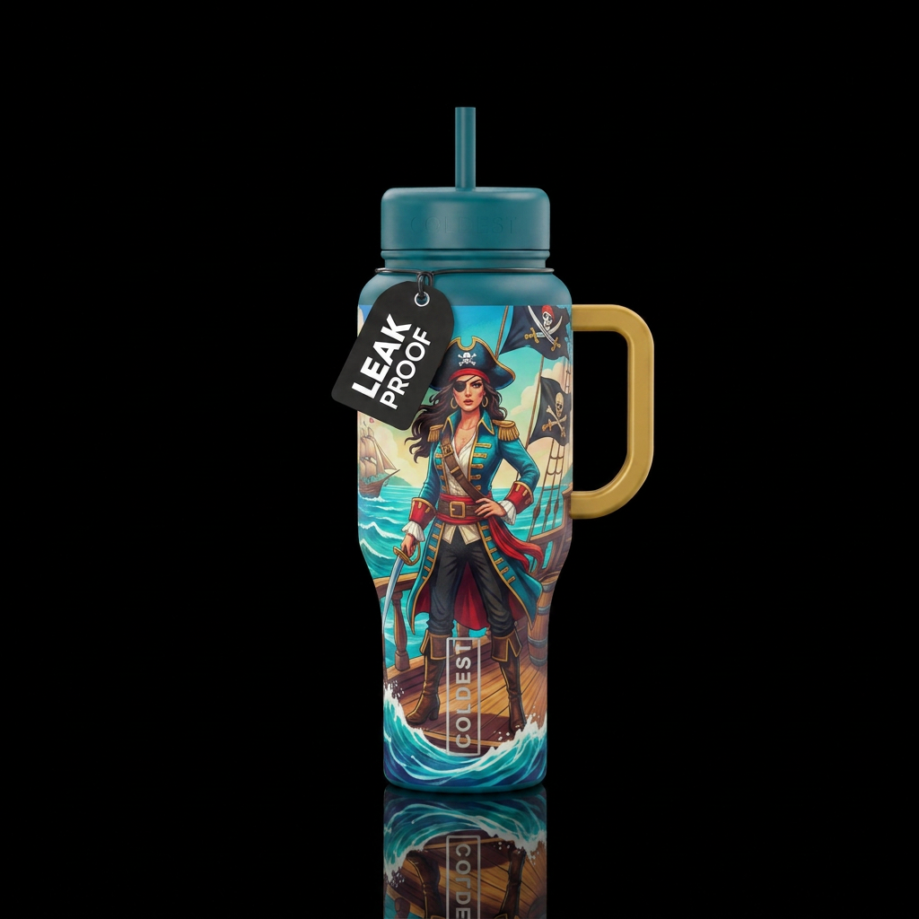 Woman pirate captain ship water bottle design