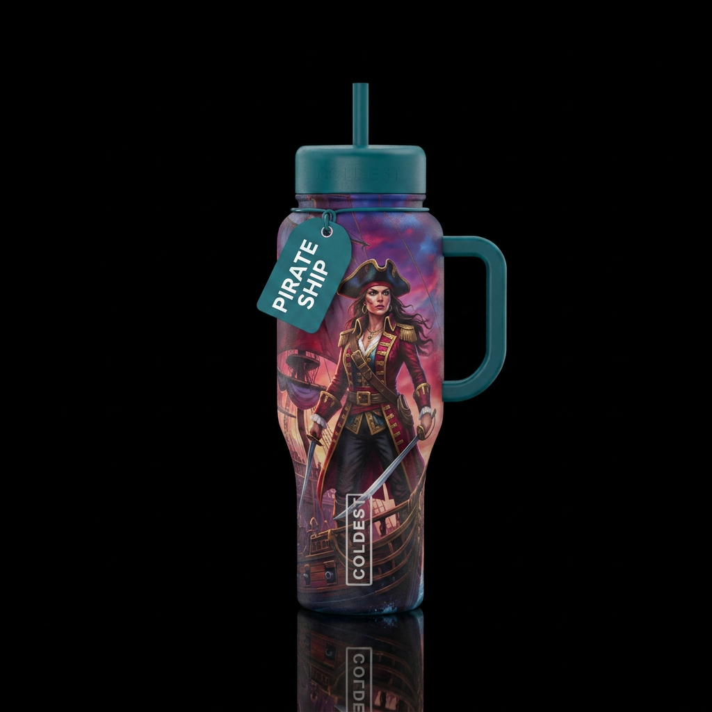 Woman pirate captain ship water bottle design