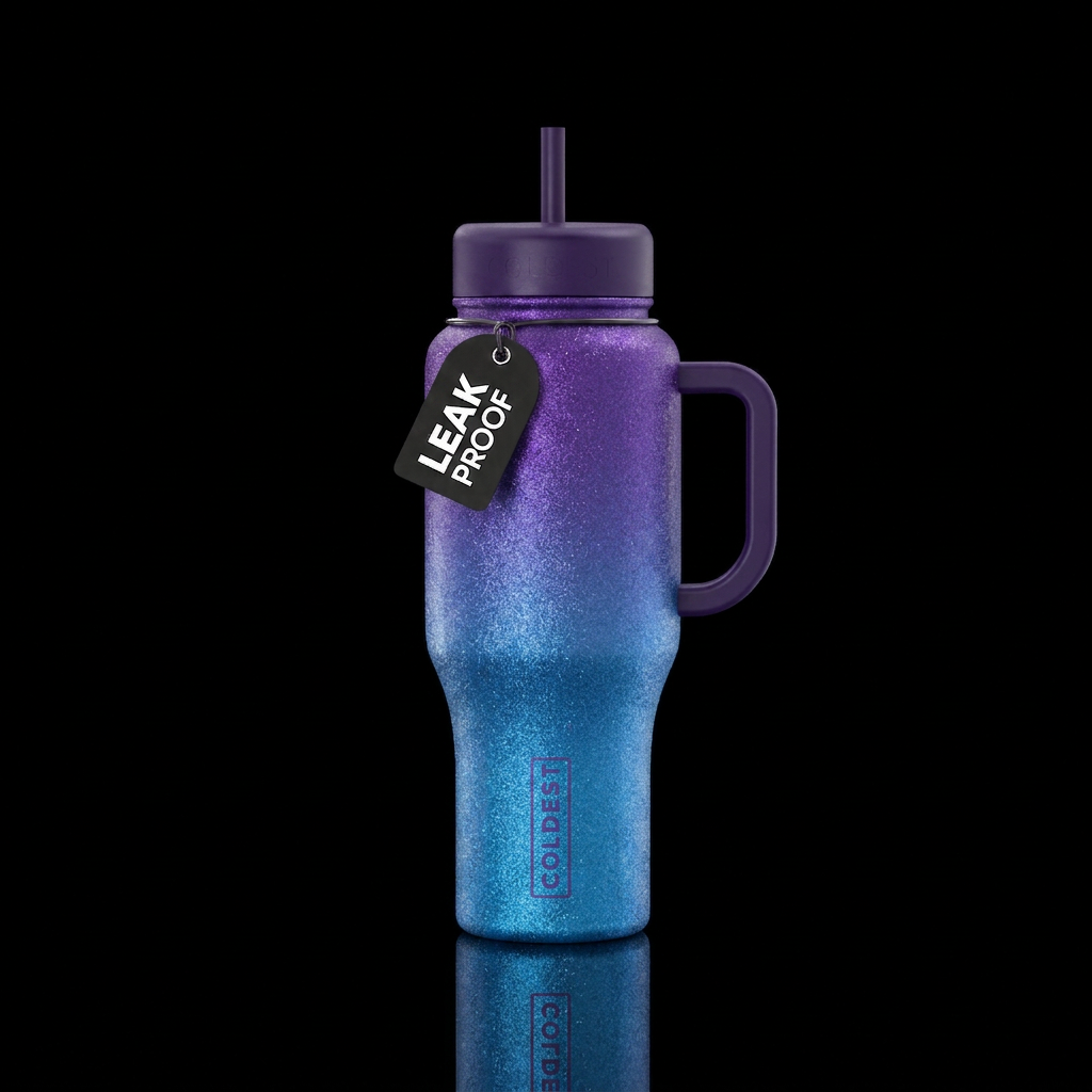Sparkly ombre blue and purple water bottle design