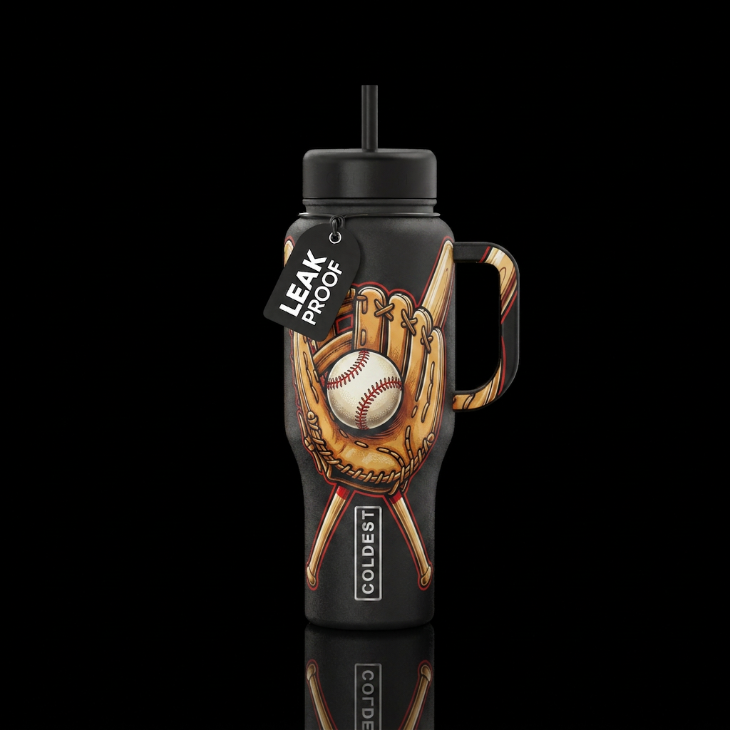 Baseball glove holding Baseball with Baseball bats... water bottle design