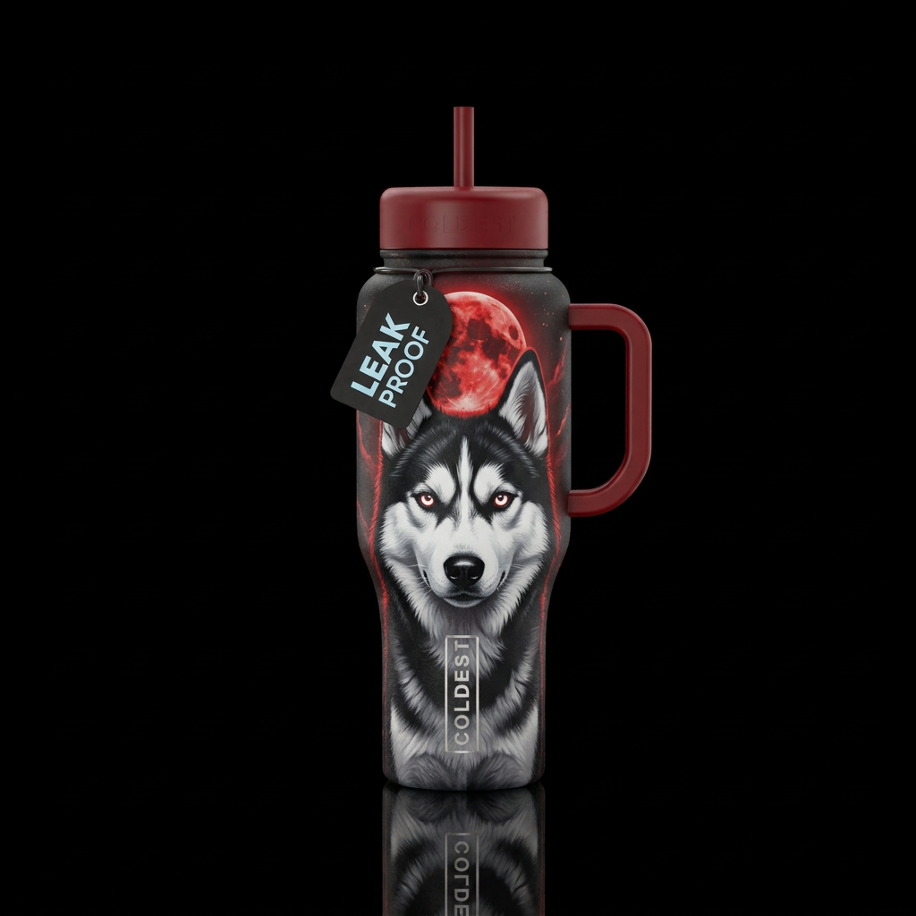 Black and white husky with blue whiteish eyes with... water bottle design