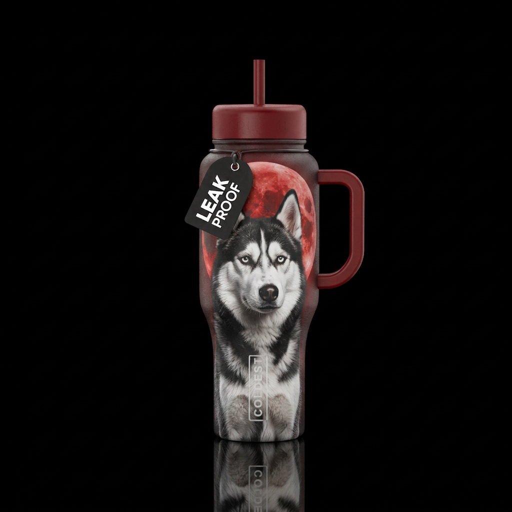 Black and white husky with blue whiteish eyes with... water bottle design