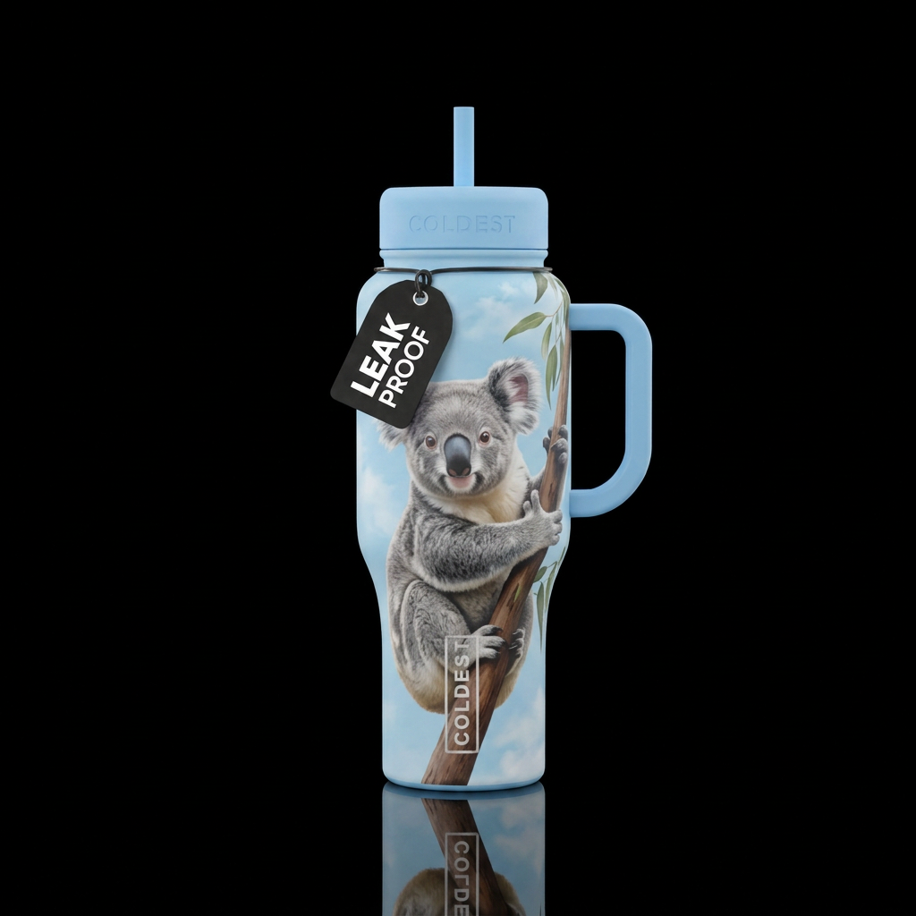 Koala with baby blue sky in background water bottle design