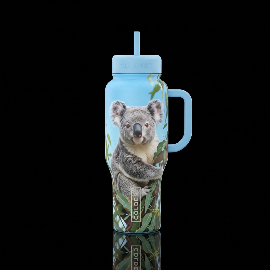 Koala with baby blue sky in background water bottle design