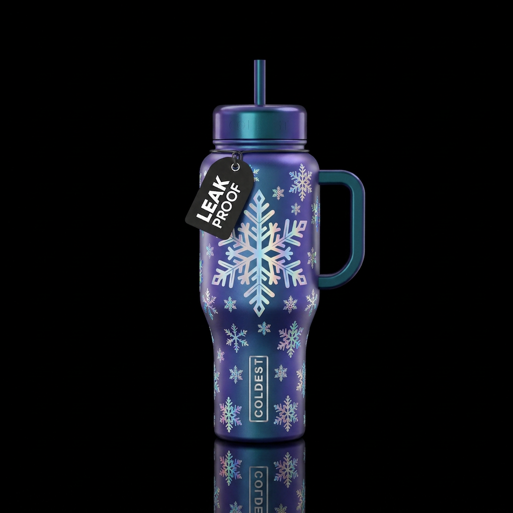Snowflake with iridescent mini snowflakes on it water bottle design