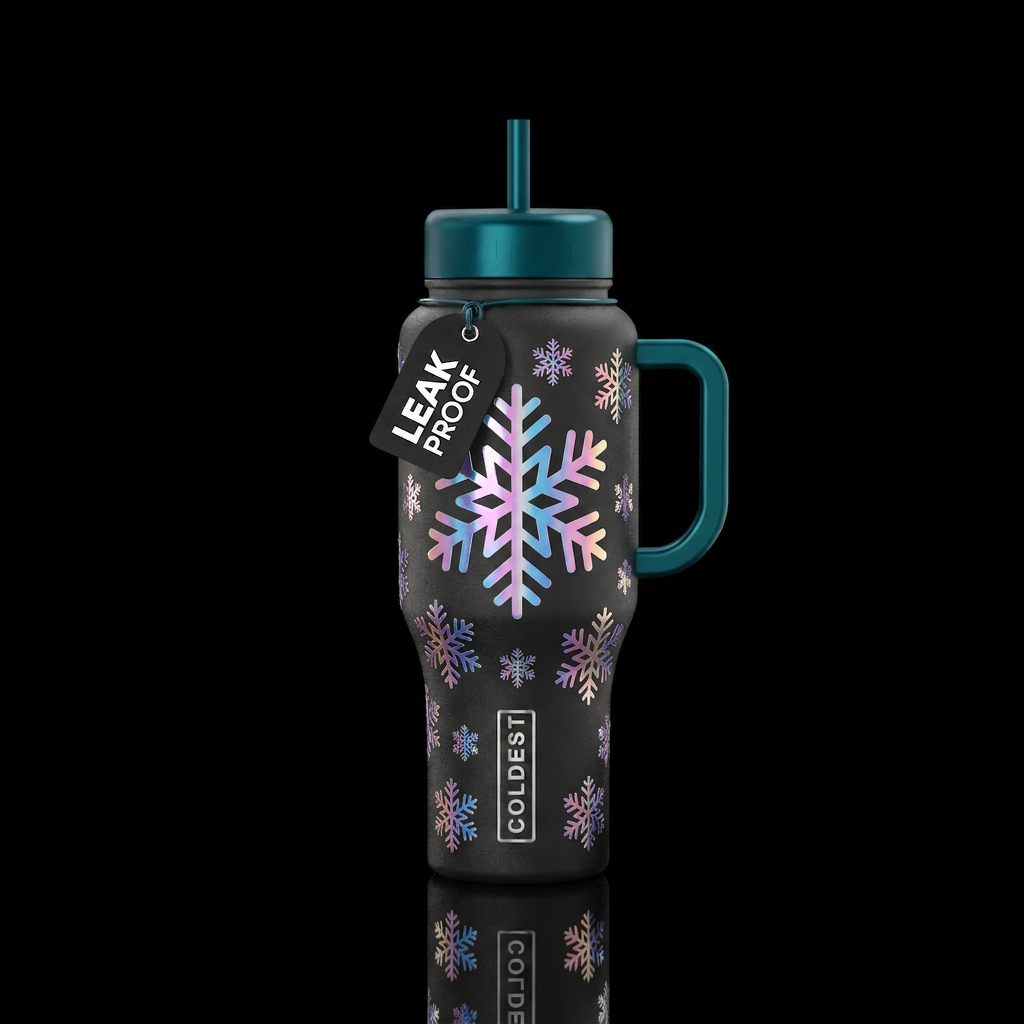 Snowflake with iridescent mini snowflakes on it water bottle design