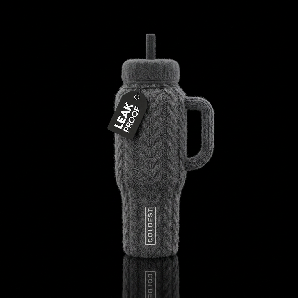 Fuzzy knit sweater dark grey water bottle design