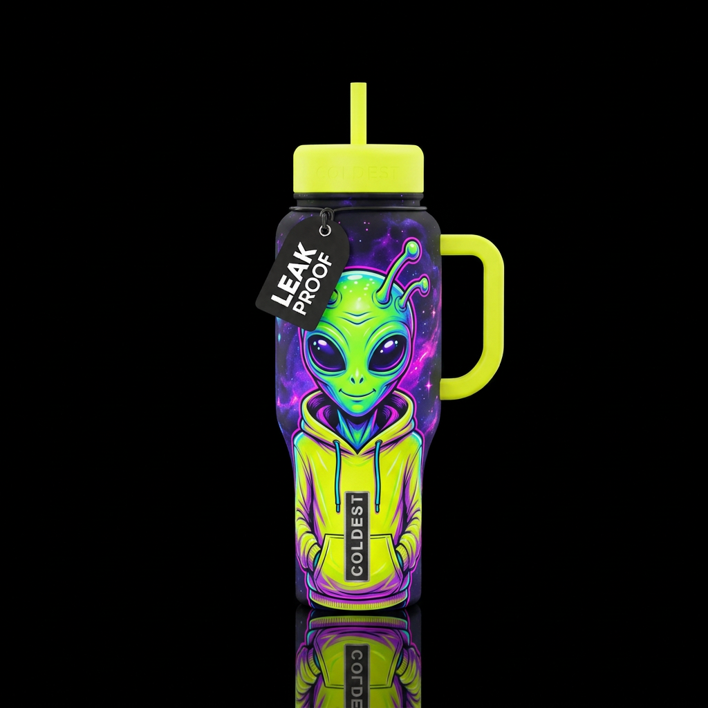 Neon green alien with fluorescent yellow hoodie water bottle design
