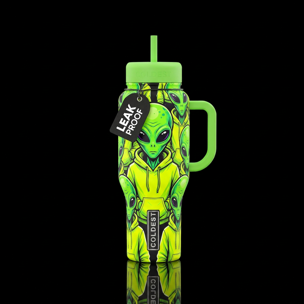 Neon green alien with fluorescent yellow hoodie water bottle design