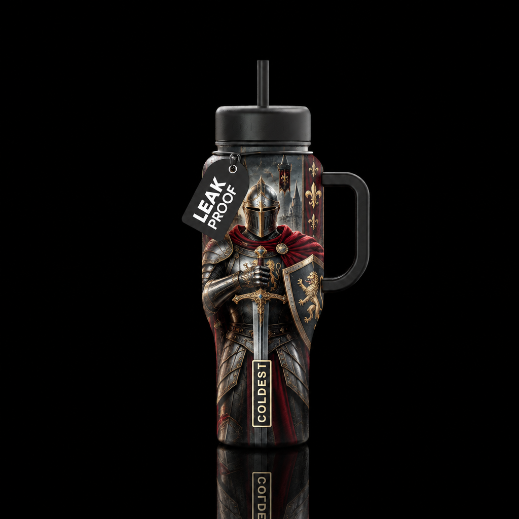 Knights, dagger, shields, helmet, shining armor water bottle design