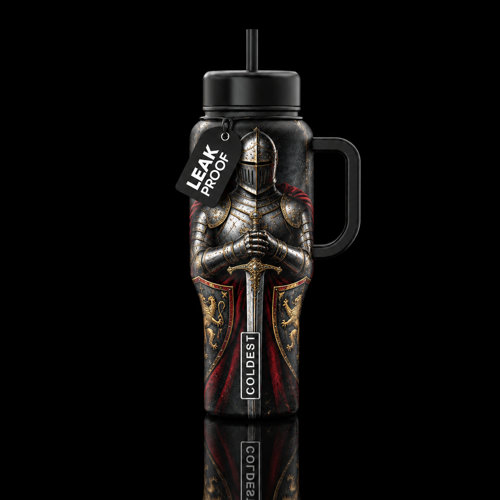 Knights, dagger, shields, helmet, shining armor water bottle design