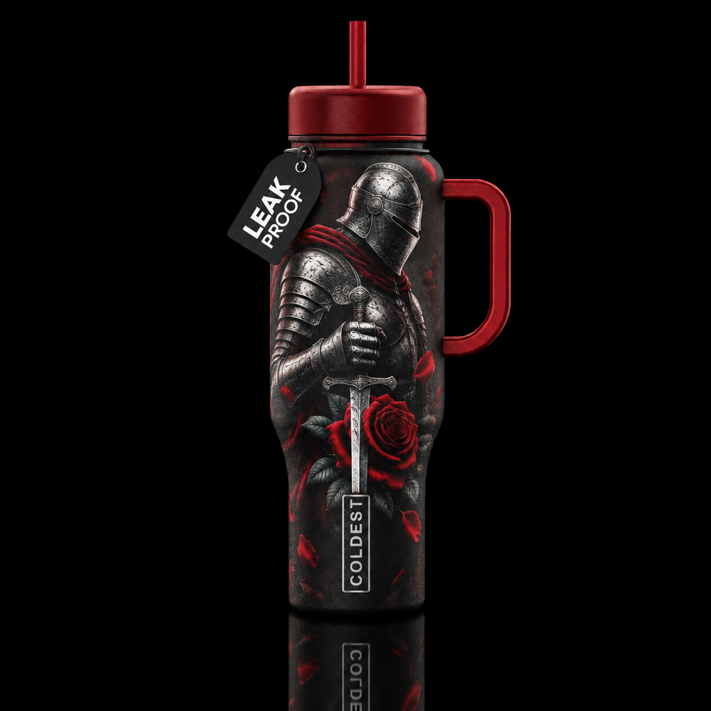 Knights in shining armor, dagger red rose water bottle design