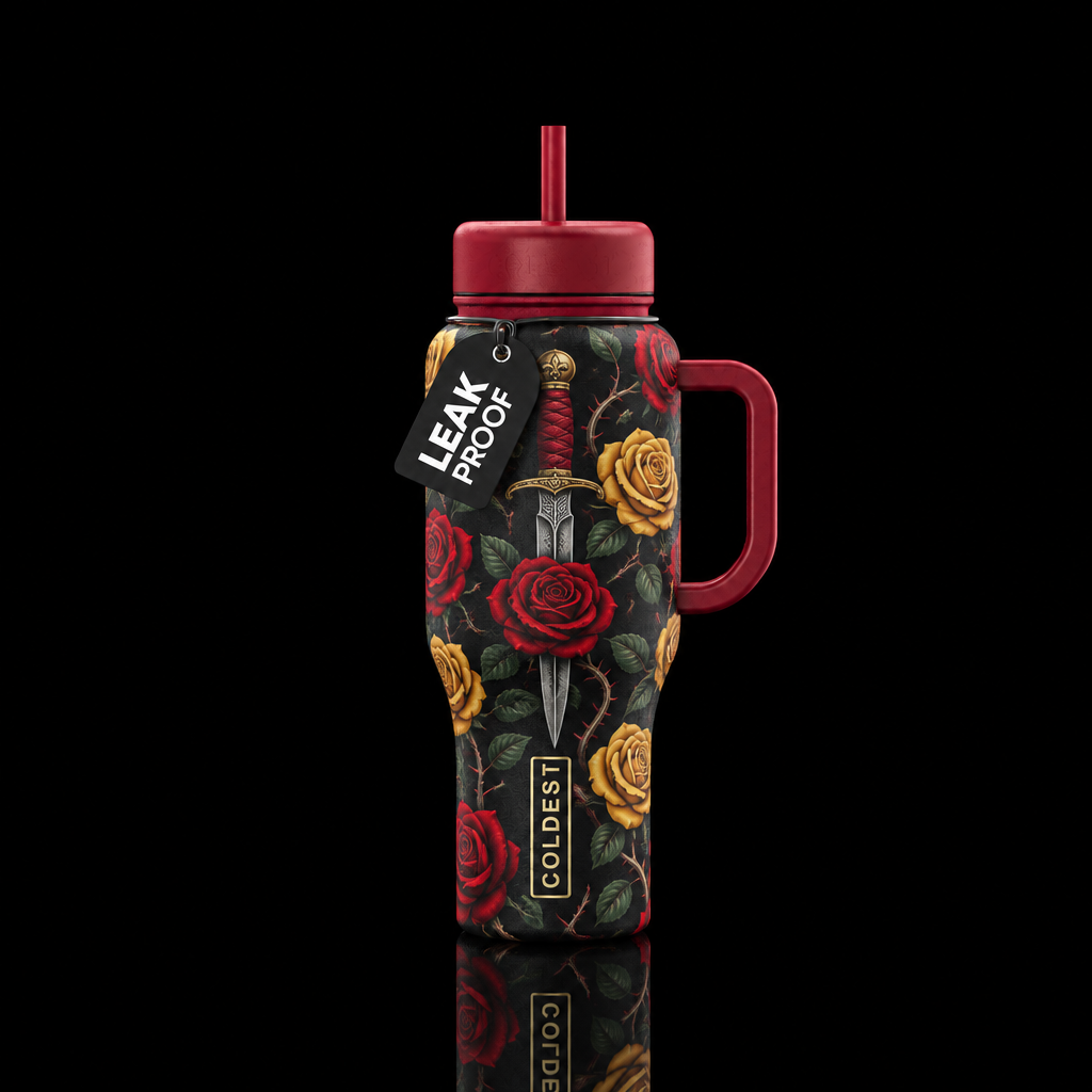 Yellow and red roses with a dagger water bottle design