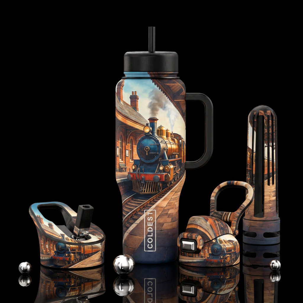 A tumbler with a train and track at a old train st... water bottle design