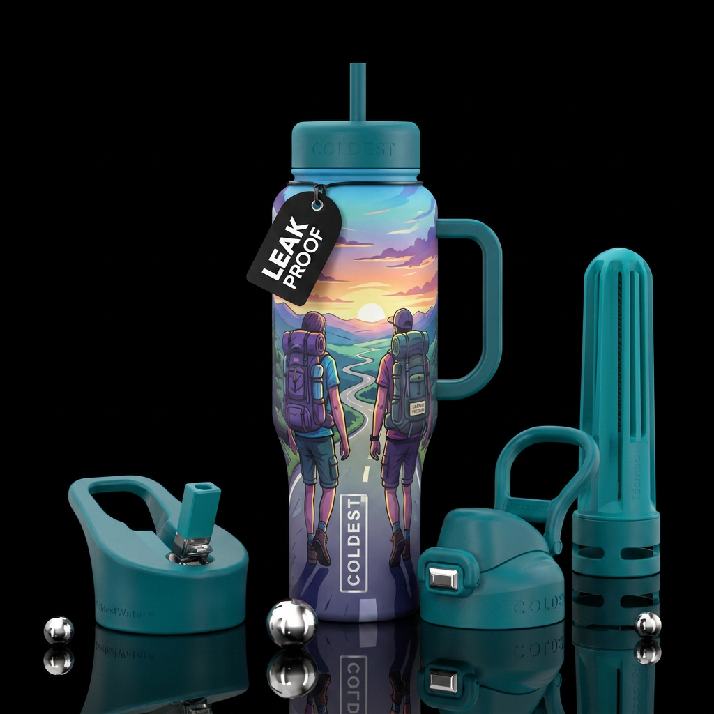 2 drifters walking down a road with everything the... water bottle design