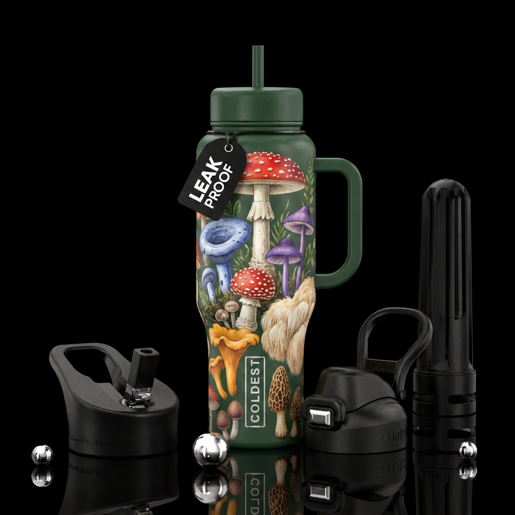 A vibrant wraparound botanical illustration featur... water bottle design